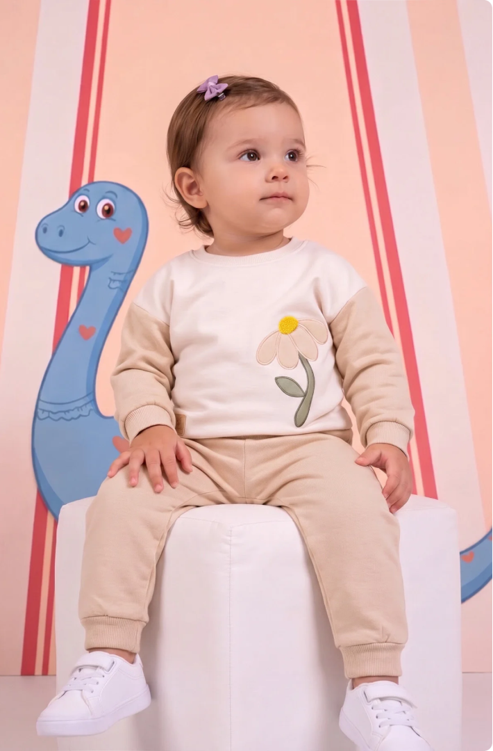 Rocha Kız Bebek Ekru Bej Papatya Nakışlı 2'li Takım - 