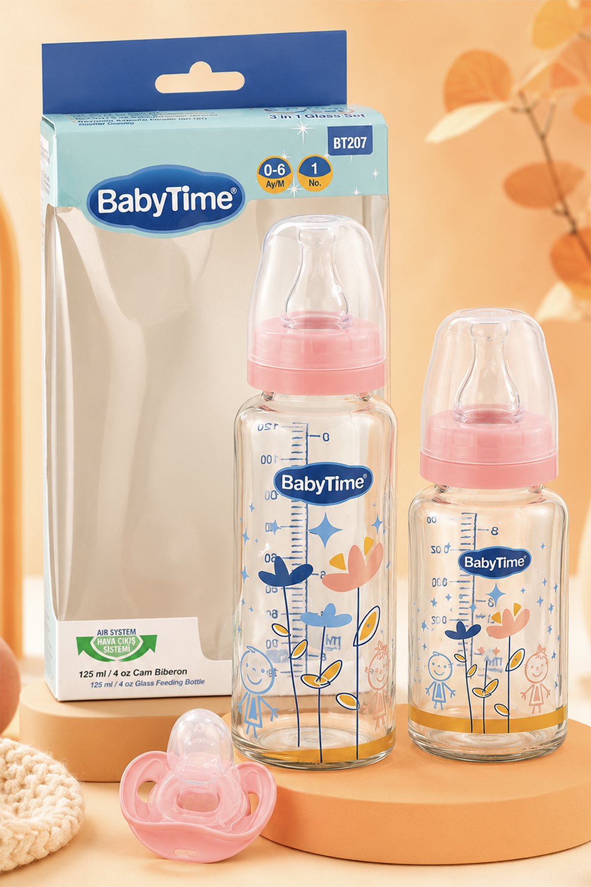 3’lü Kutulu Cam Biberon Seti 250 ml + 125 ml + Emzik 0-6 Ay