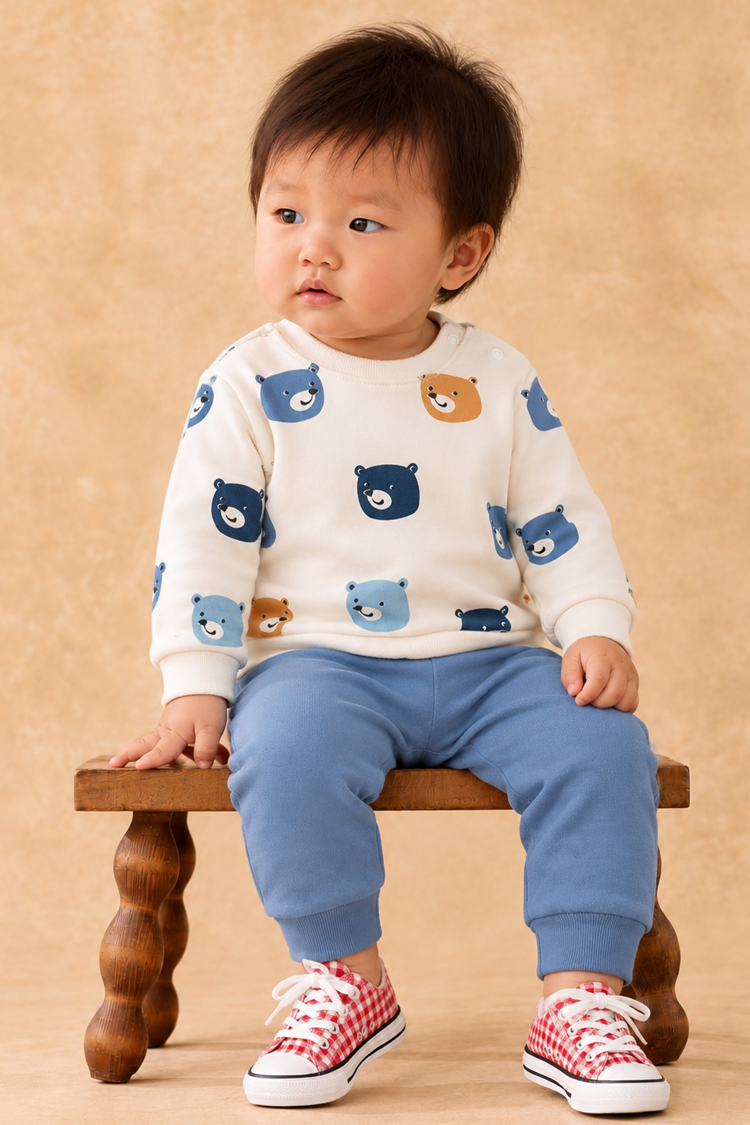 RochaBaby Bebek Sevimli Ayı Desenli Omuzdan Çıtçıtlı Sweatshirt ve Eşofman Altı Takım