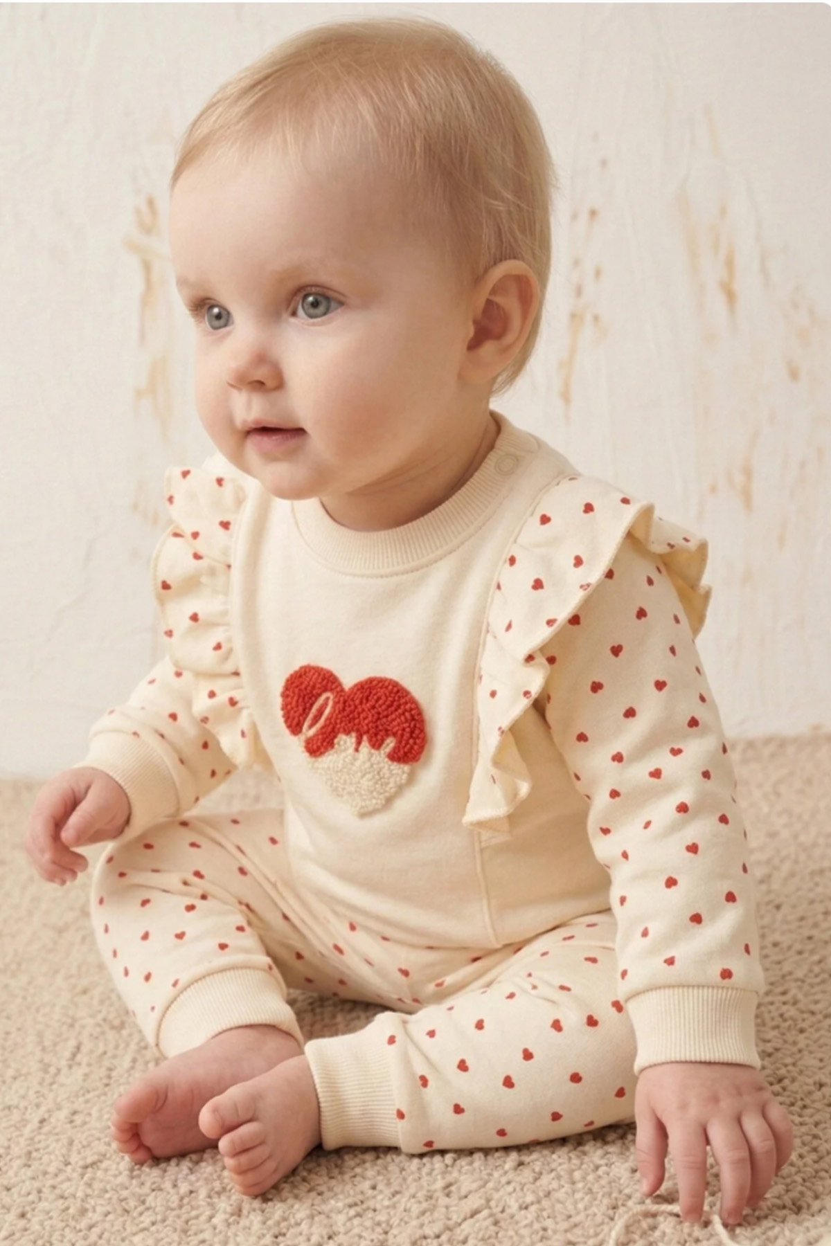 Rocha Bebek Kırmızı Kalp Nakışlı 2'li Takım - Fırfırlı Love Baskılı Pamuklu Set