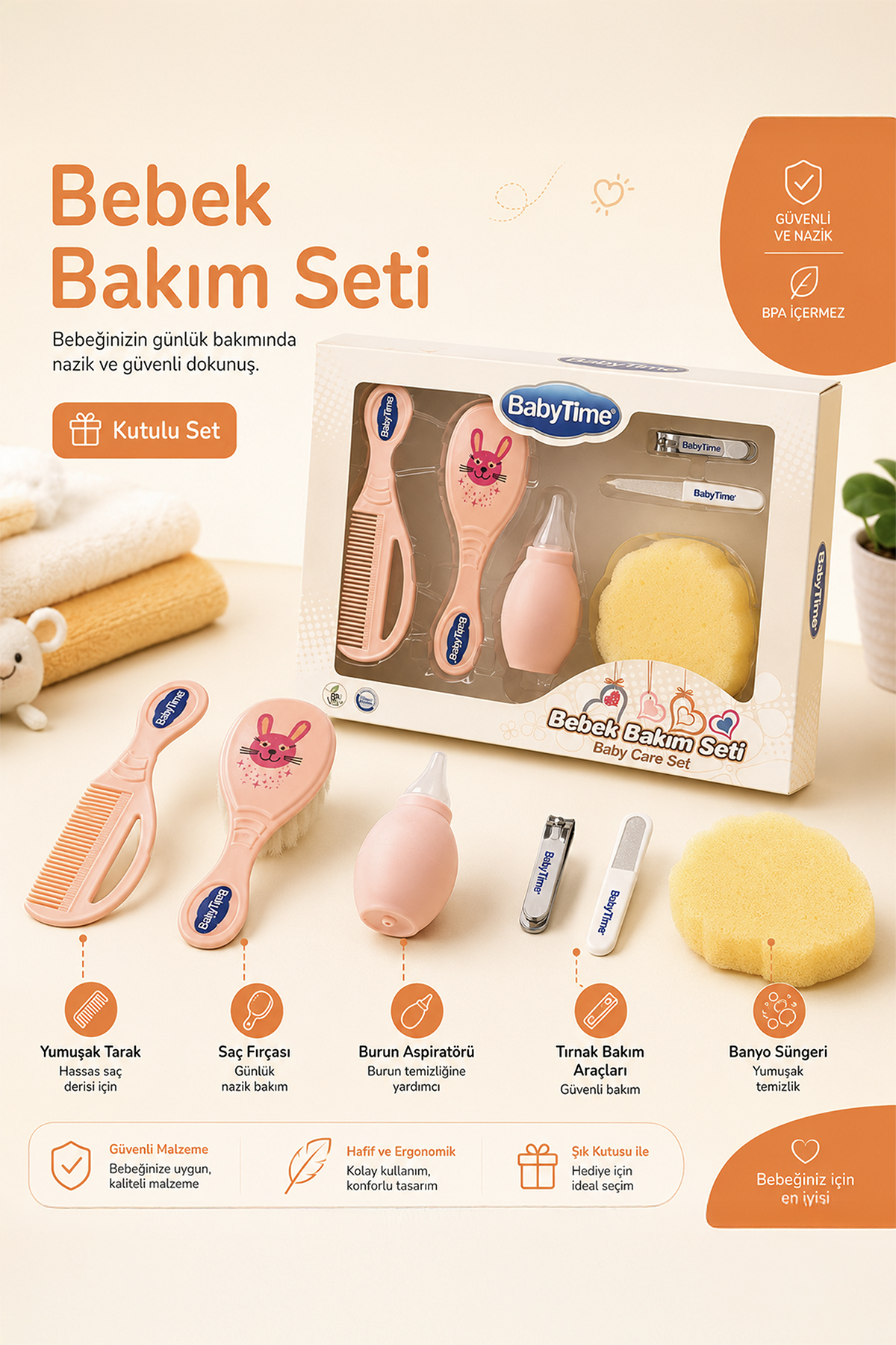 6 Parça Kutulu Bebek Bakım Seti Tarak Fırça Burun Aspiratörü Tırnak Bakım Seti ve Banyo Süngeri