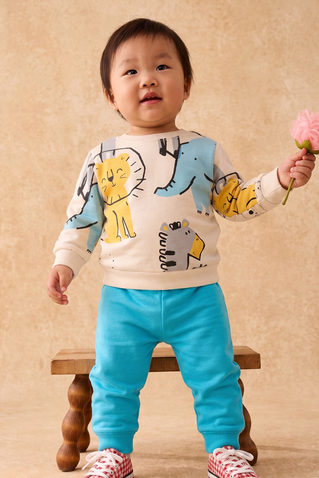 Erkek Bebek Sevimli Aslan ve Fil Desenli İki İplik Sweatshirt Takım