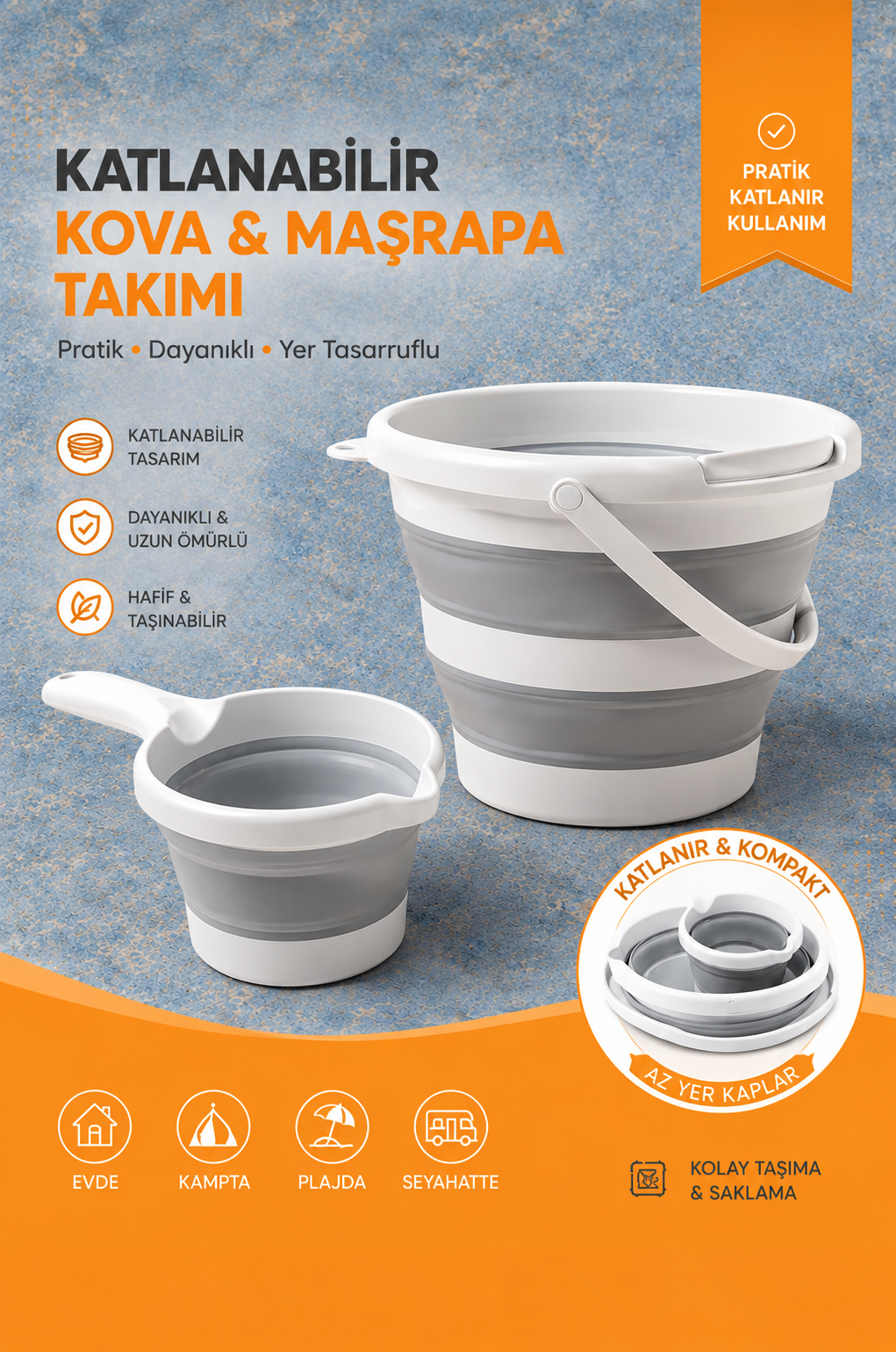 Katlanabilir Kova Maşrapa Takımı 2’li Set | Kamp Seyahat Banyo ve Ev İçin Pratik Kullanım