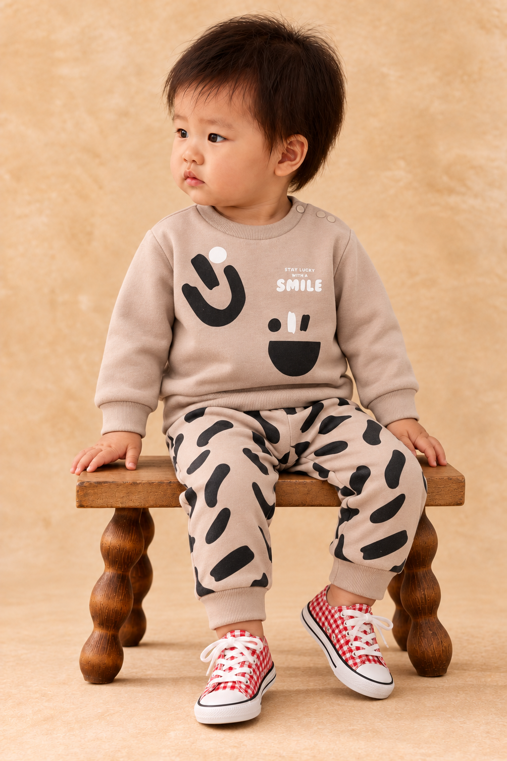 Rocha Bebek Smile Baskılı 2'li Bebek Takım - Desenli Pantolonlu Pamuklu Sweatshirt Seti