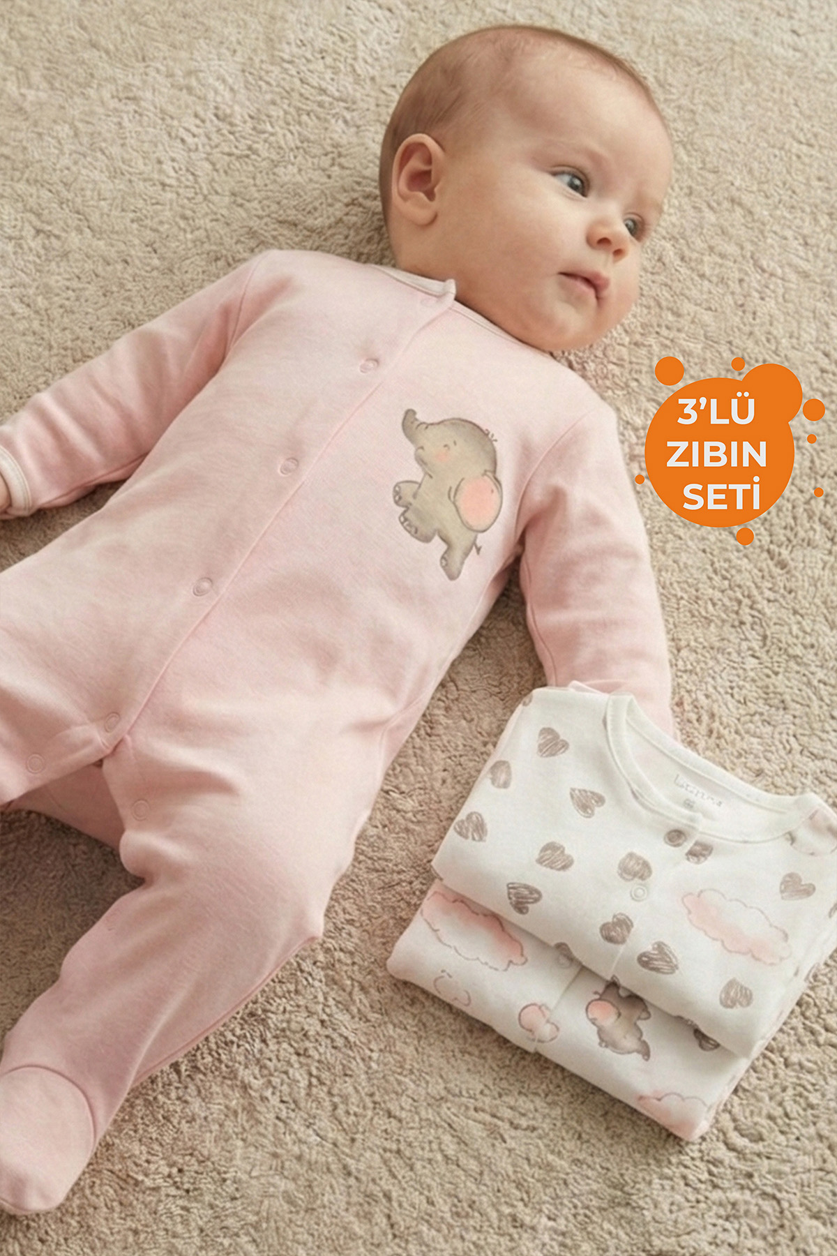 Rocha Bebek 3’lü Pamuklu Tulum Seti - Patikli Uyku ve Oyun Tulumu - Nakışlı ve Desenli 3 Parça Set