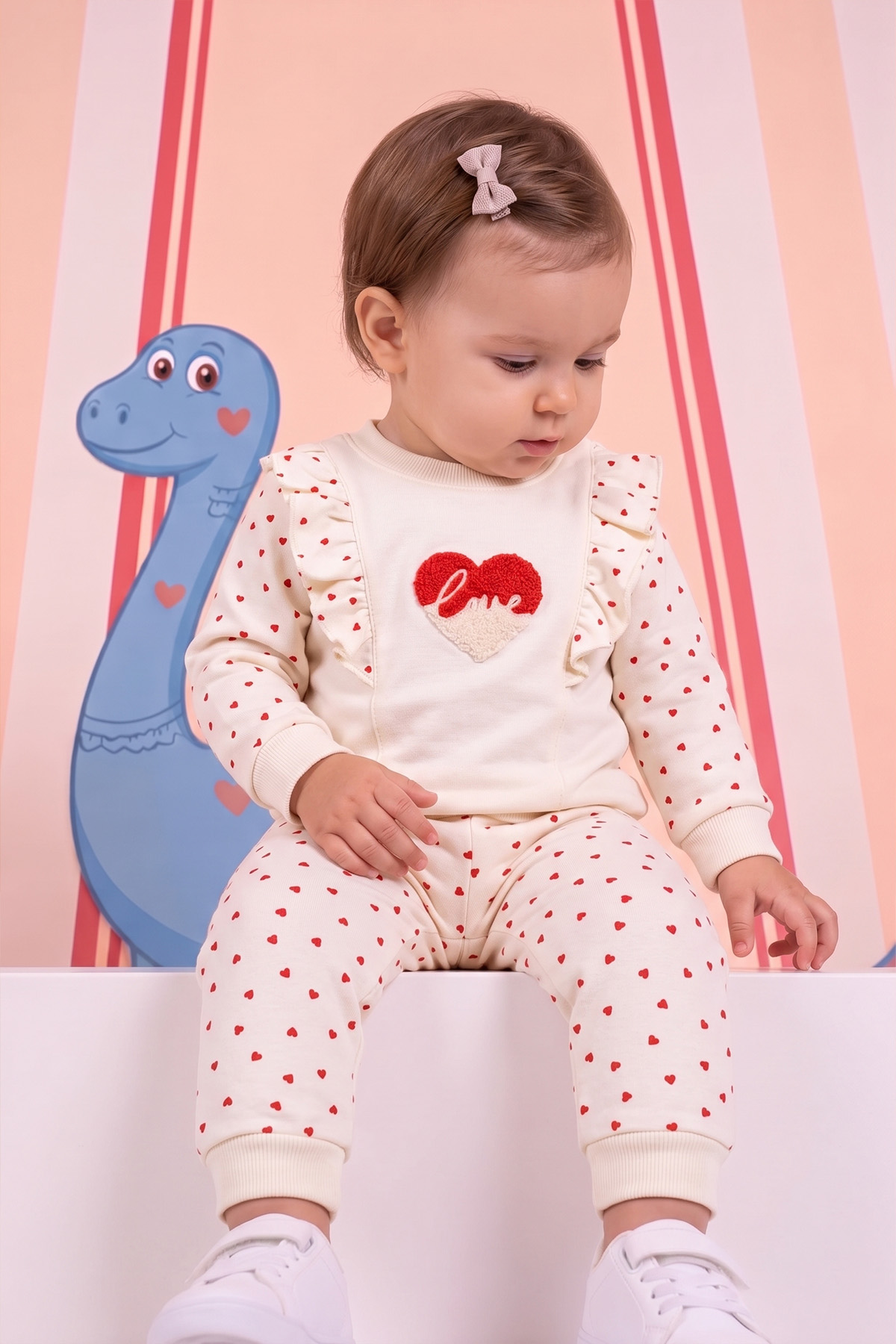 Rocha Bebek Kırmızı Kalp Nakışlı 2'li Takım - Fırfırlı Love Baskılı Pamuklu Set