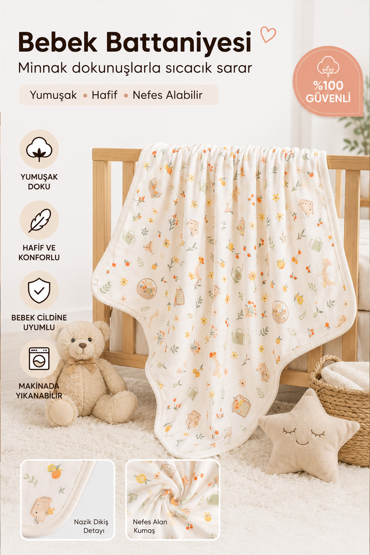 Pamuk Müslin Bebek Battaniyesi - Ördekli Desen 80*80