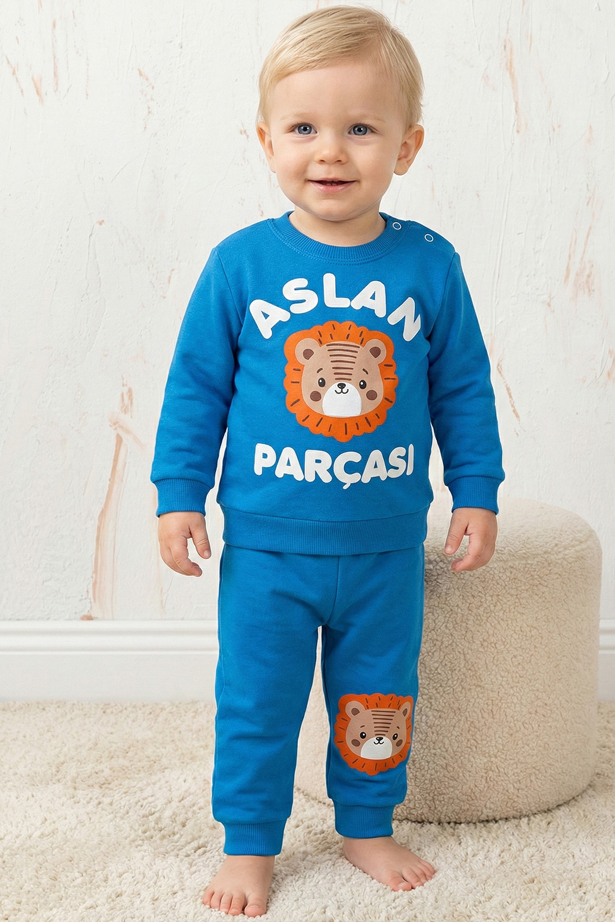 Rocha Erkek Bebek Aslan Parçası Baskılı 2'Li Takım - Pamuklu Sweatshirt Ve Alt Set