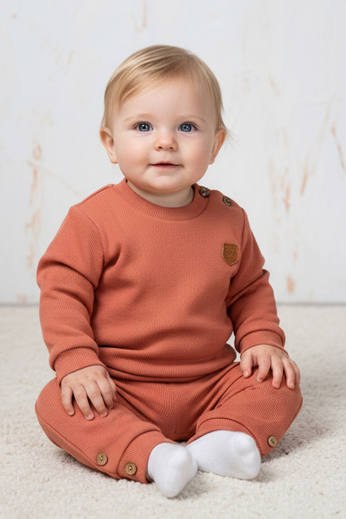 Rocha Bebek Kiremit Fitilli Düğme Detaylı 2'li Takım - Pamuklu Mevsimlik Sweatshirt ve Pantolon Seti
