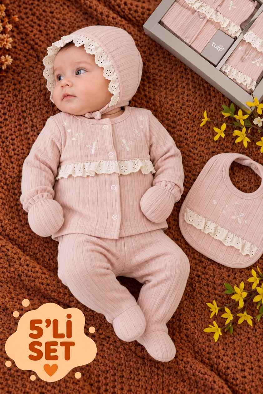 Baby Turp Kaşkorse Güpür Detaylı Yusufçuk Nakışlı Kutulu 5'li Kız Yenidoğan Hastane Çıkışı Seti