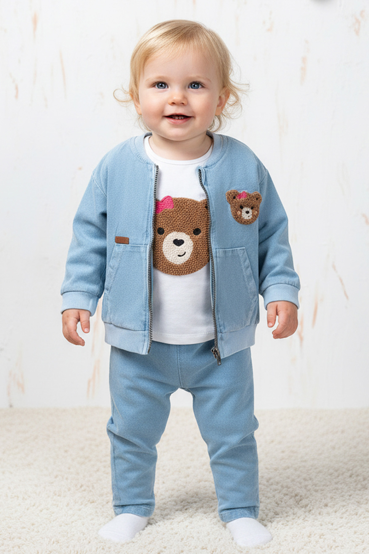 Rocha Kız Bebek Denim Görünümlü Fiyonklu Ayıcık Nakışlı 3’lü Takım - Pamuklu Ceketli Kombin Set