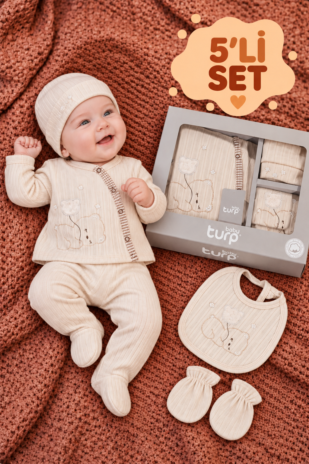 Baby Turp Pamuklu Kaşkorse Ayıcık Nakışlı Kutulu 5'li Yenidoğan Hastane Çıkışı Seti Ekru