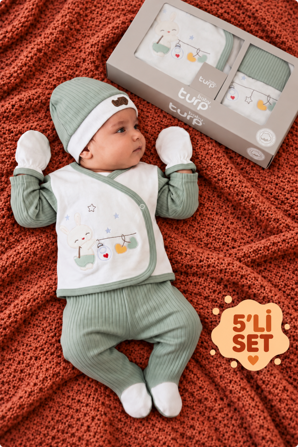 Unisex Mint Yeşil 5'li Fitilli Tavşan Nakışlı Özel Kutulu Hastane Çıkışı Seti