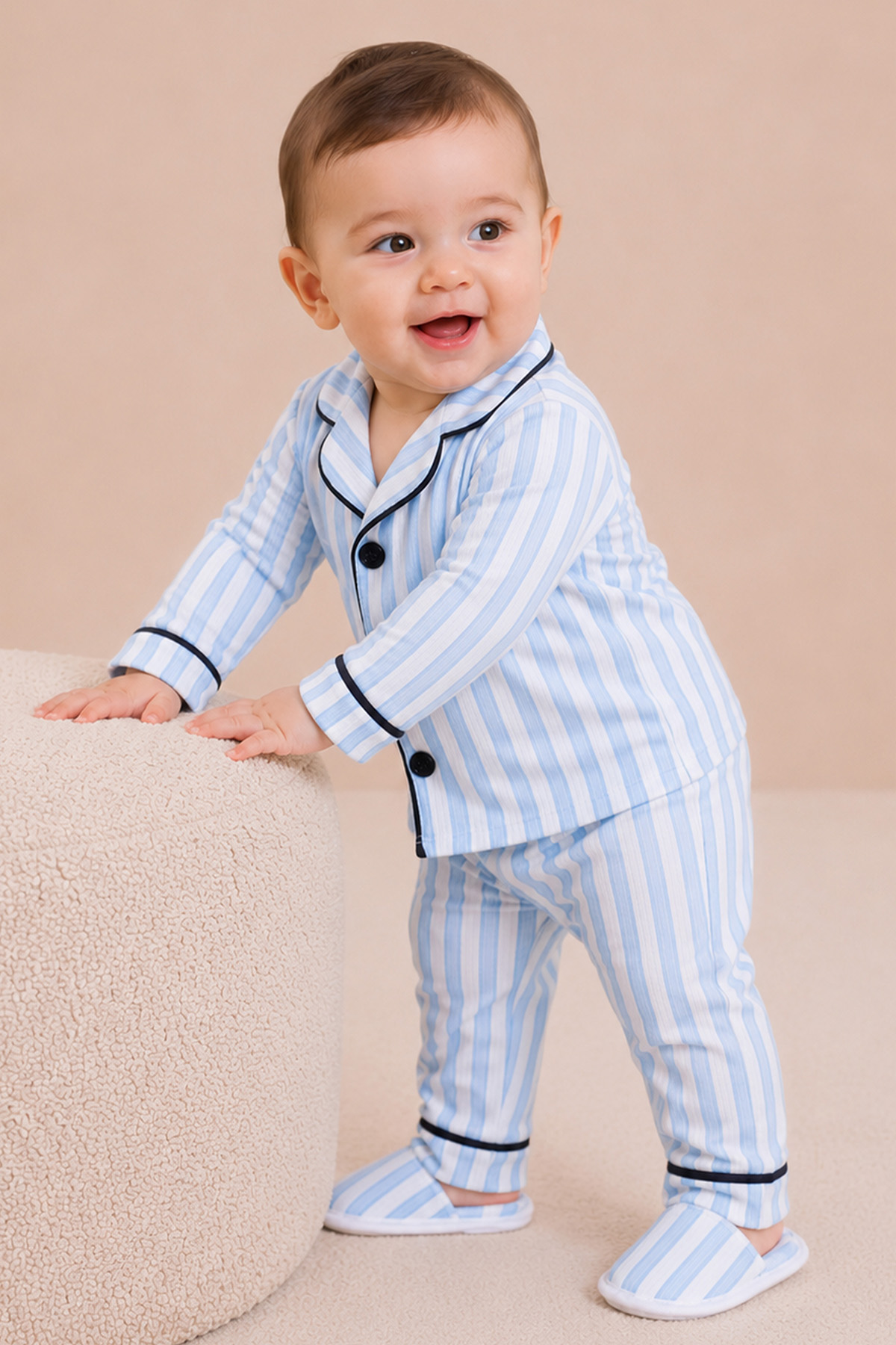 Çizgili Çocuk Pijama Takımı Terlikli 3 Parça Fitilli Ev Giyim Seti