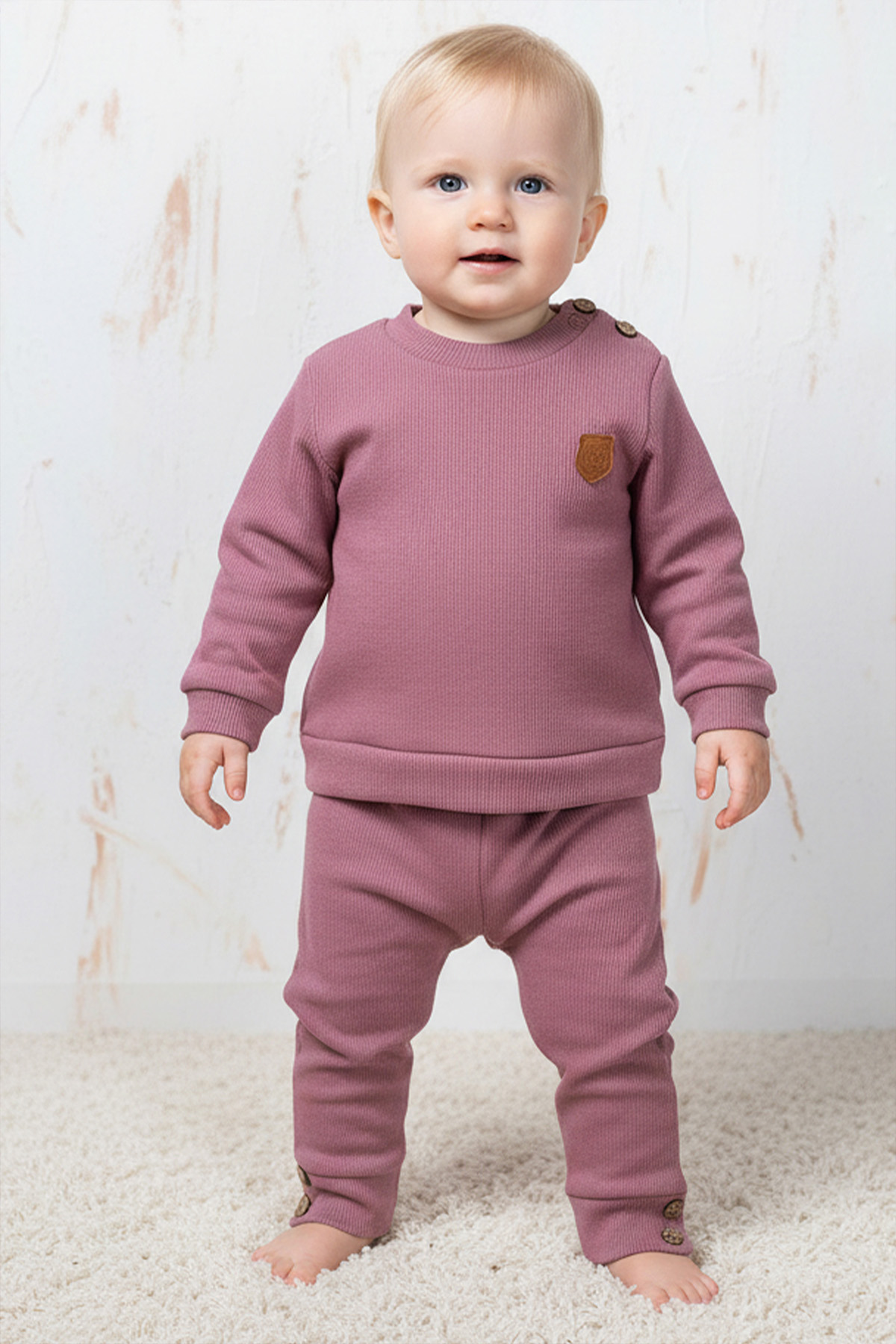Rocha Bebek Fitilli Düğme Detaylı 2'li Takım - Pamuklu Mevsimlik Sweatshirt ve Pantolon Seti