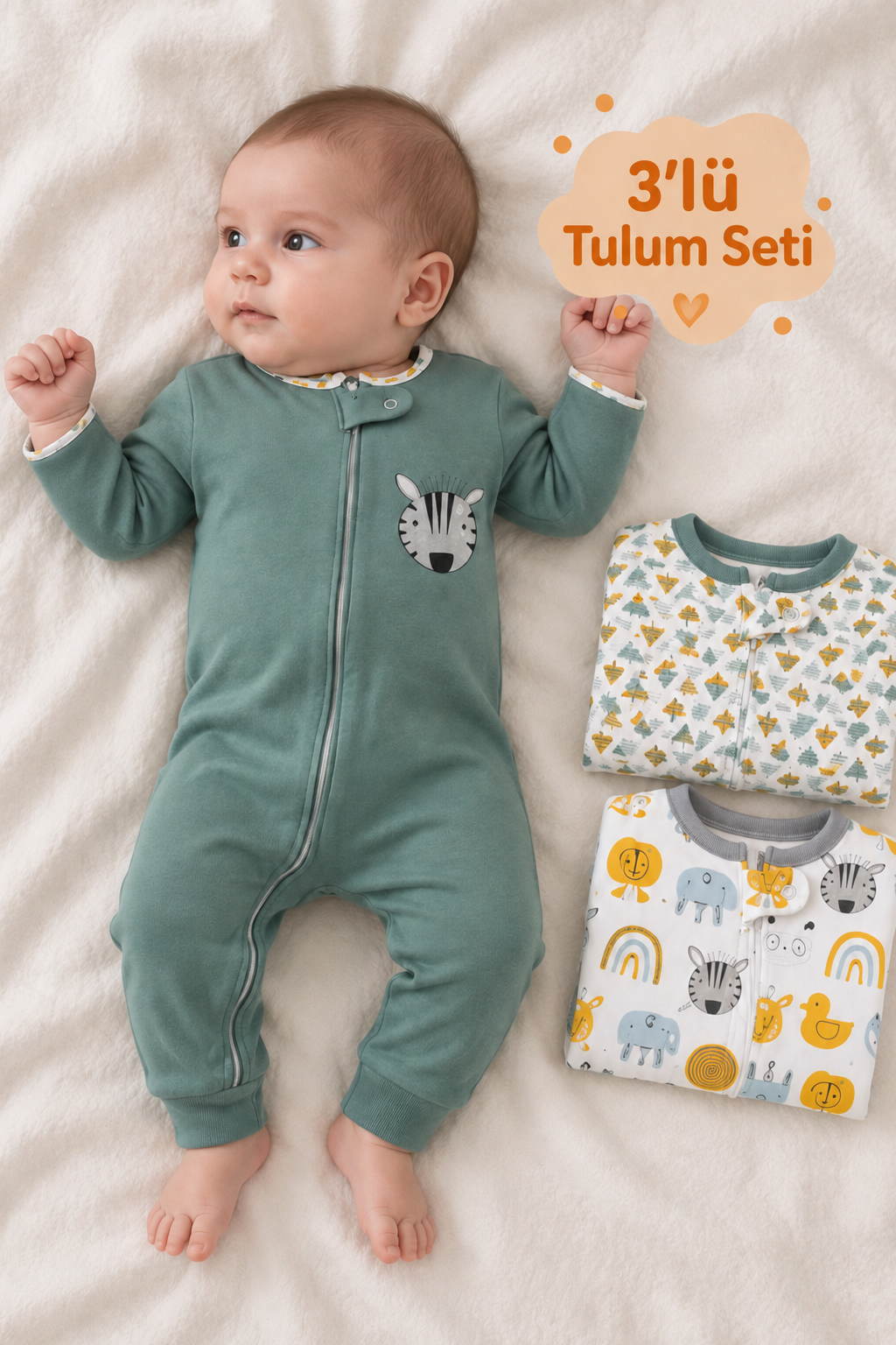 Rocha Bebek Hayvan Figürlü ve Desenli 3'lü Tulum Seti - Boydan Fermuarlı Pamuklu Zıbın Seti