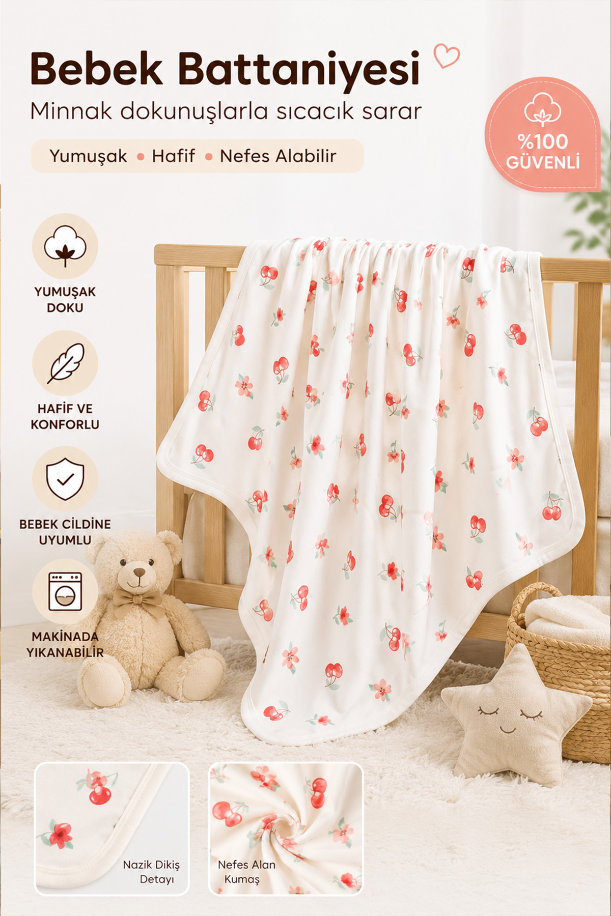 Pamuklu Kiraz Ve Çiçek Desenli Yumuşacık Bebek Battaniyesi - Yenidoğan Ve Bebek Swaddle Battaniye 80*80