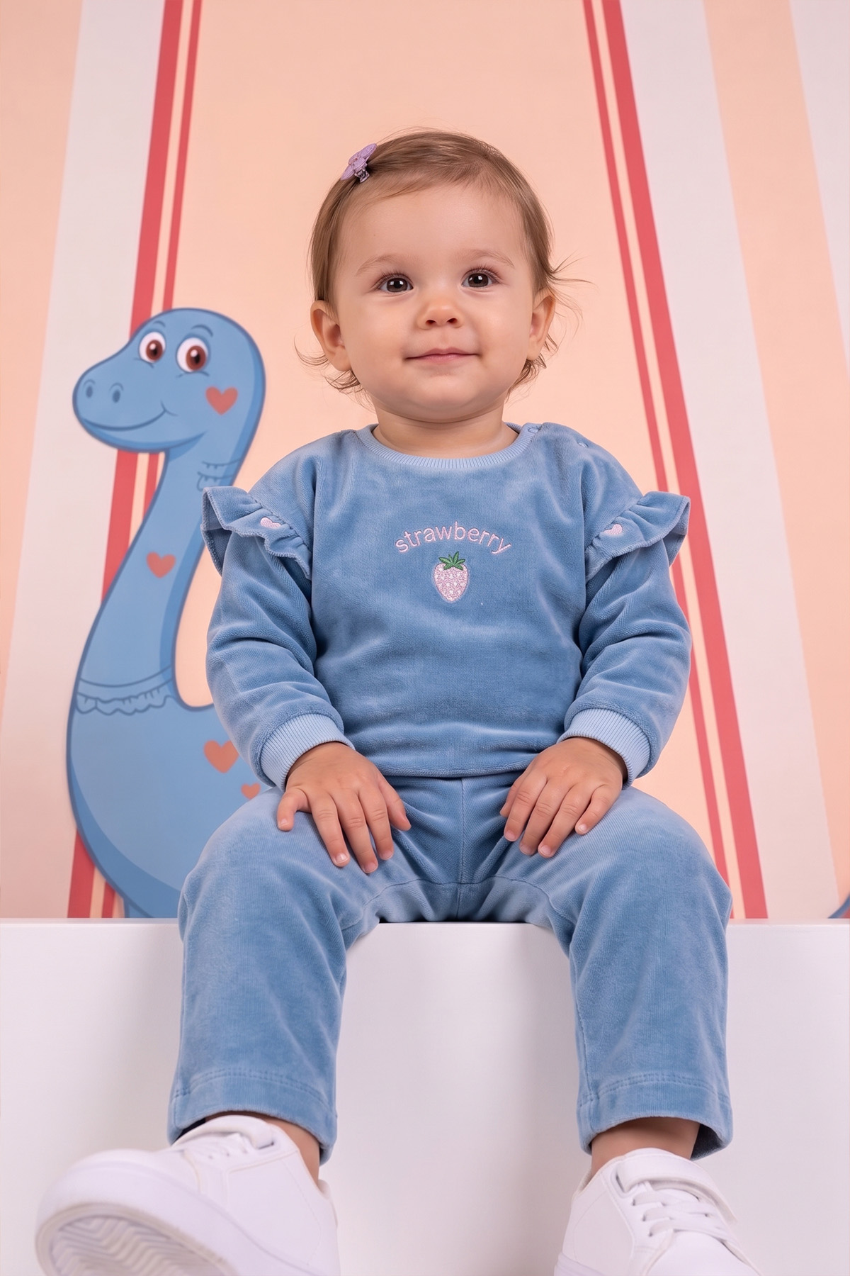 Rocha Kız Bebek Mavi Strawberry Çilek Nakışlı 2'li Takım - Kot Görünümlü Pamuklu Alt Üst Set