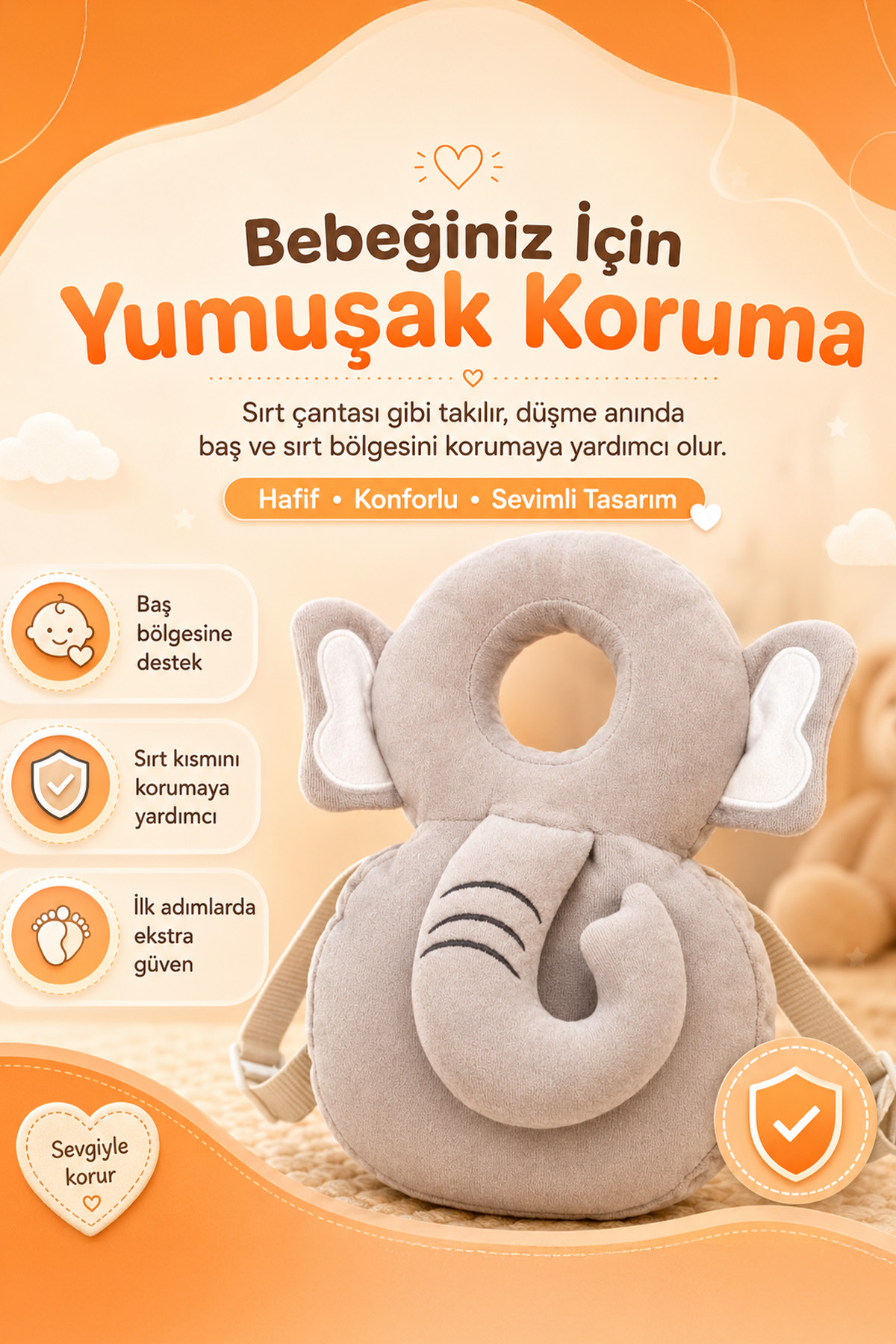 Bebek Kafa Koruyucu Yastık Fil Model Sırt Çantası Emekleme Ve Yürüme Destek Yastığı