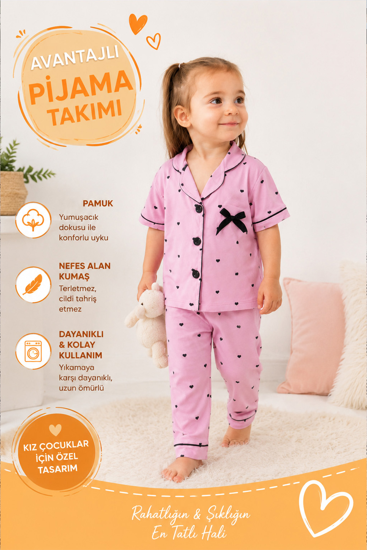 Kalp Desenli Biye ve Fiyonk Detaylı Düğmeli Kız Çocuk Pijama Takımı