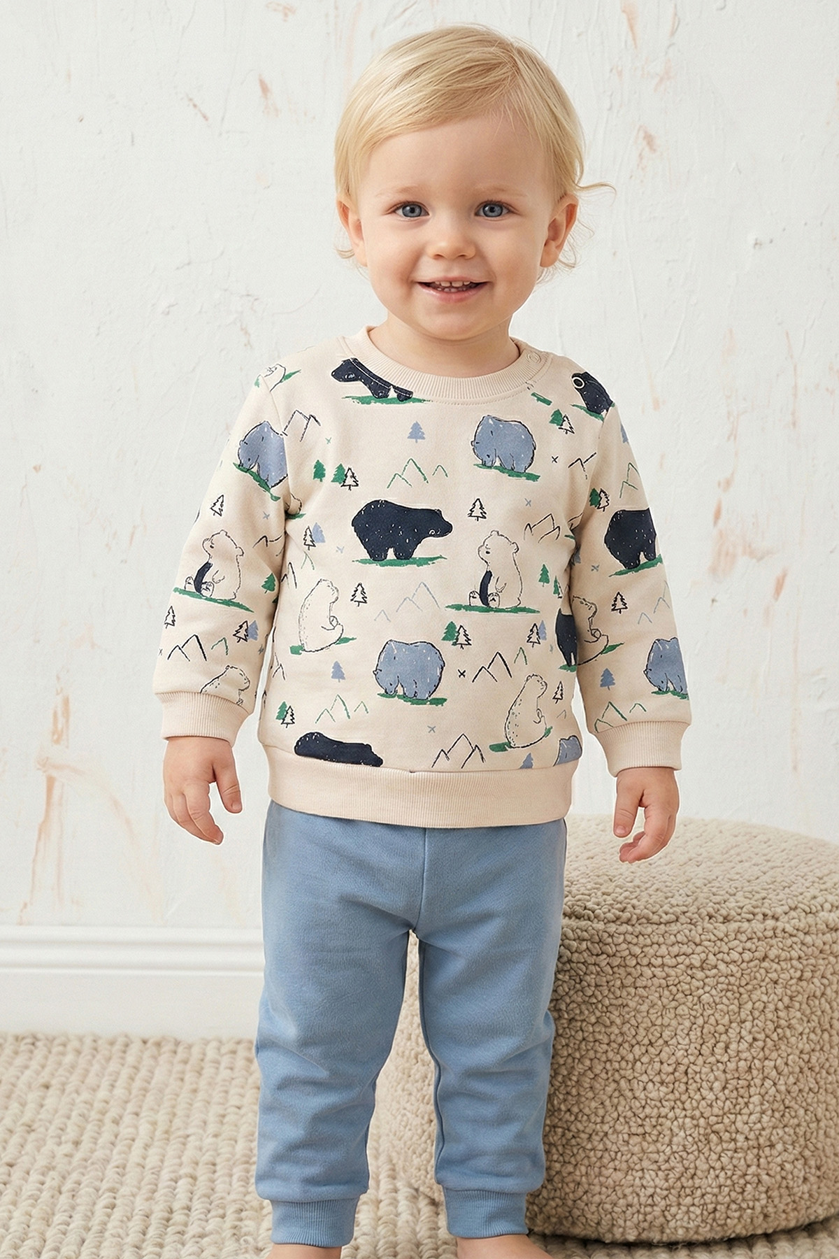 Rocha Bebek Dağ Ve Ayıcık Desenli 2'Li Takım - Pamuklu Sweatshirt Ve Pantolon Seti