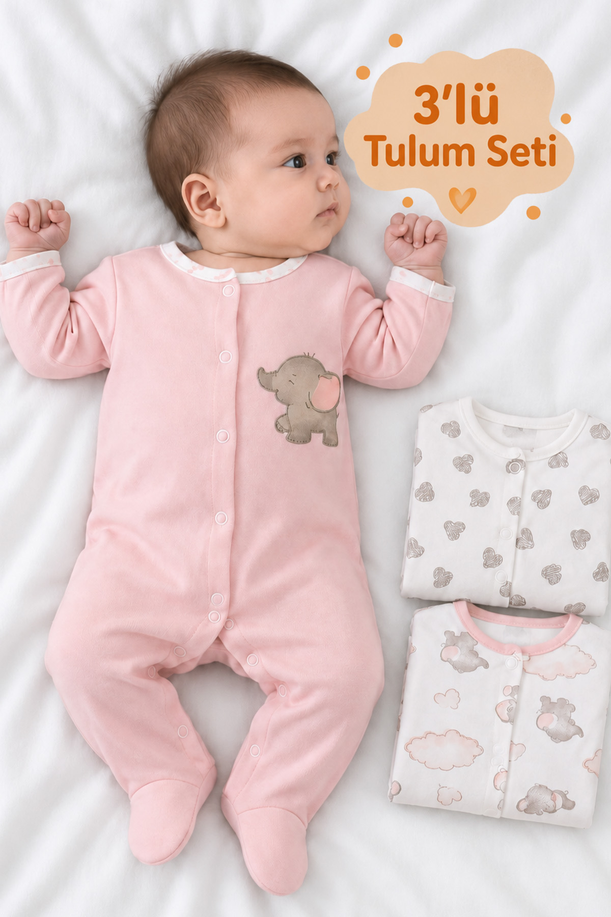 Rocha Bebek 3’lü Pamuklu Tulum Seti - Patikli Uyku ve Oyun Tulumu - Nakışlı ve Desenli 3 Parça Set