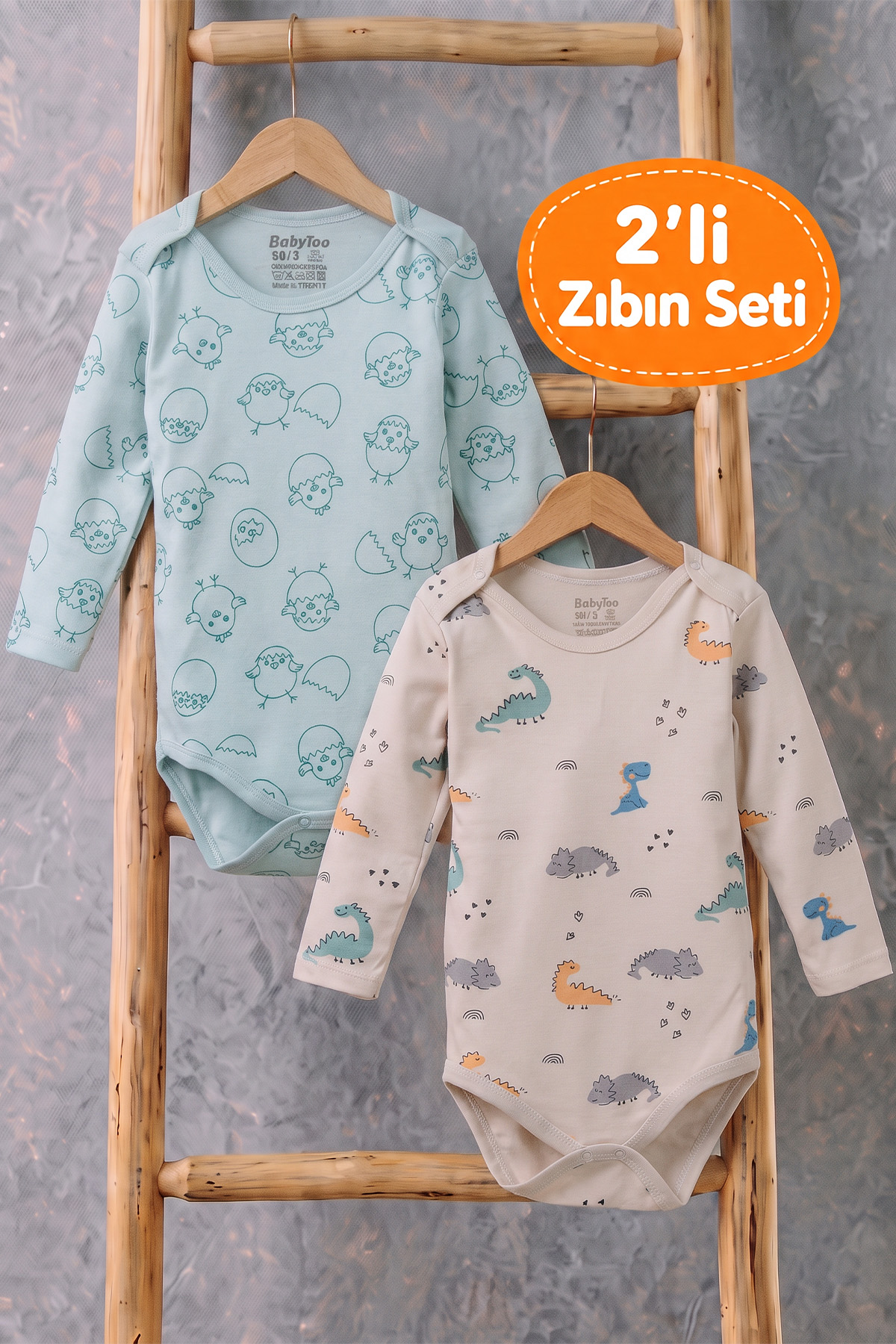 Bebek 2’li Uzun Kollu Çıtçıtlı Zıbın Seti Civciv ve Dinozor Desenli Mint Yeşili Ekru