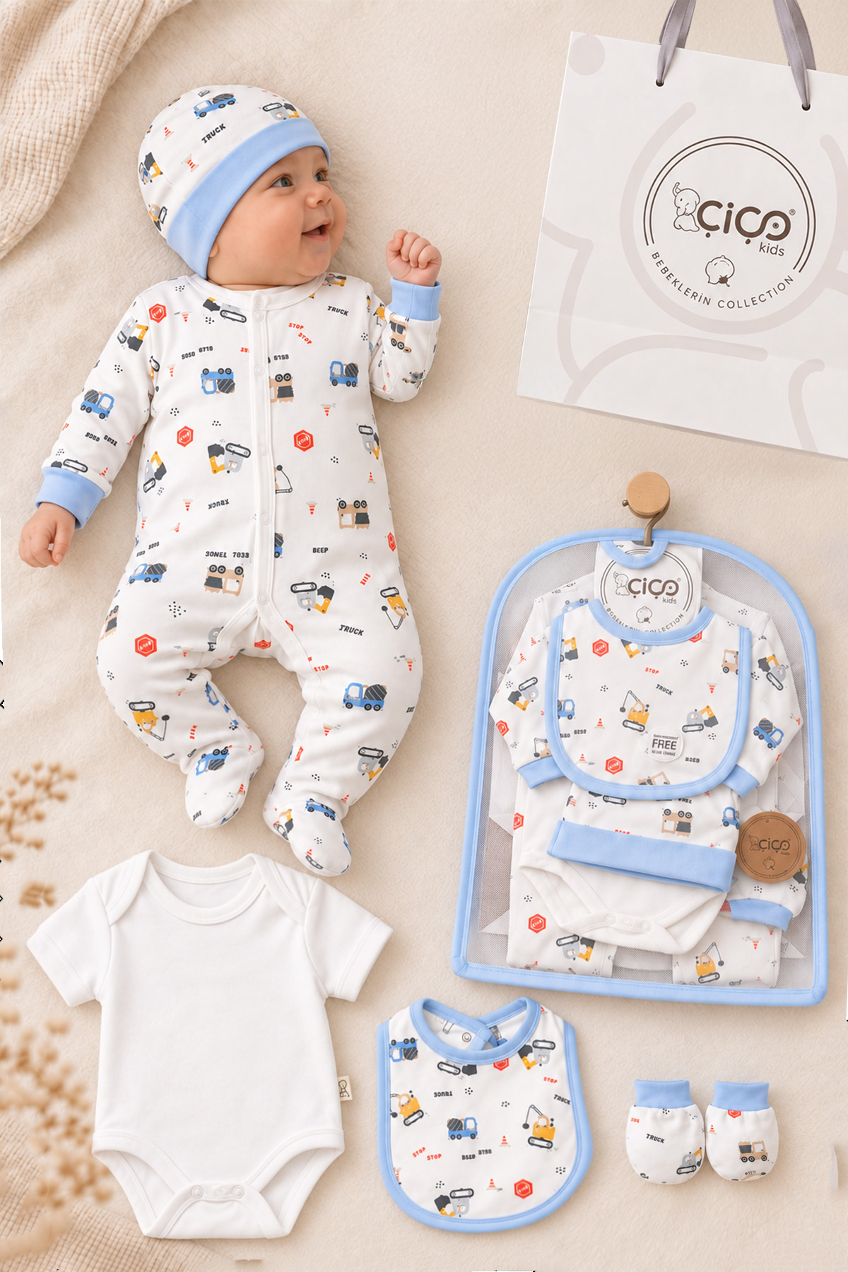 5'li Yenidoğan Bebek Giyim Hediyelik Set -Taşıma Poşeti-Yıkama Filesi Hediyeli