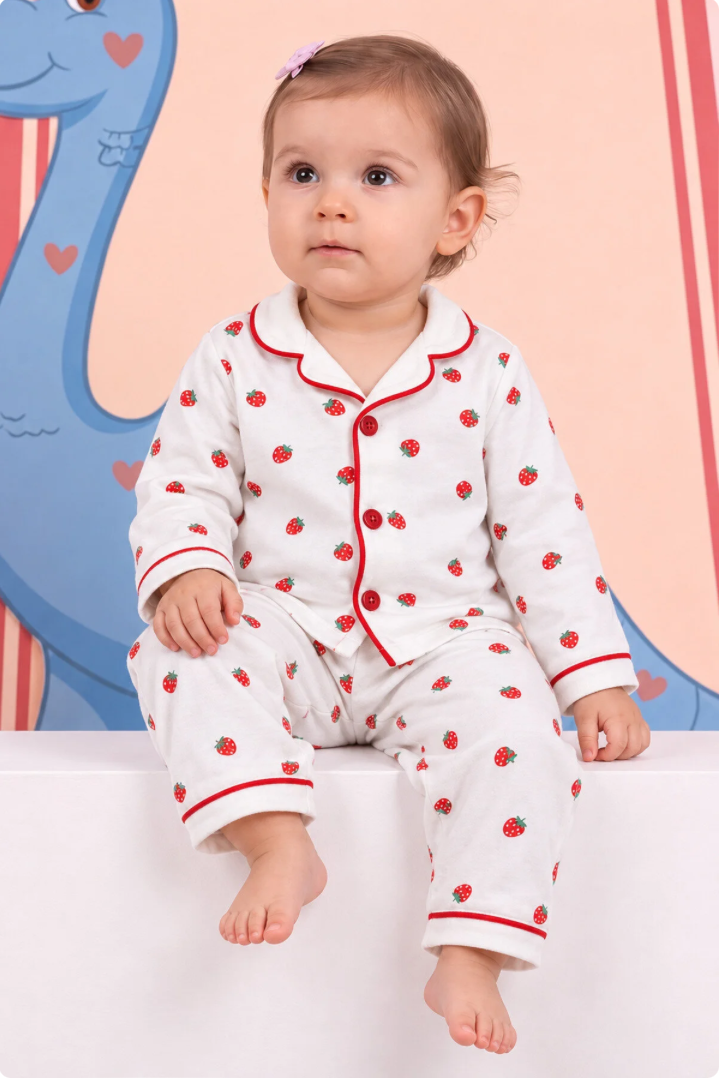 Rocha Bebek Çilek Baskılı 2'li Pijama Takımı - Düğmeli Pamuklu Bebek Uyku Seti