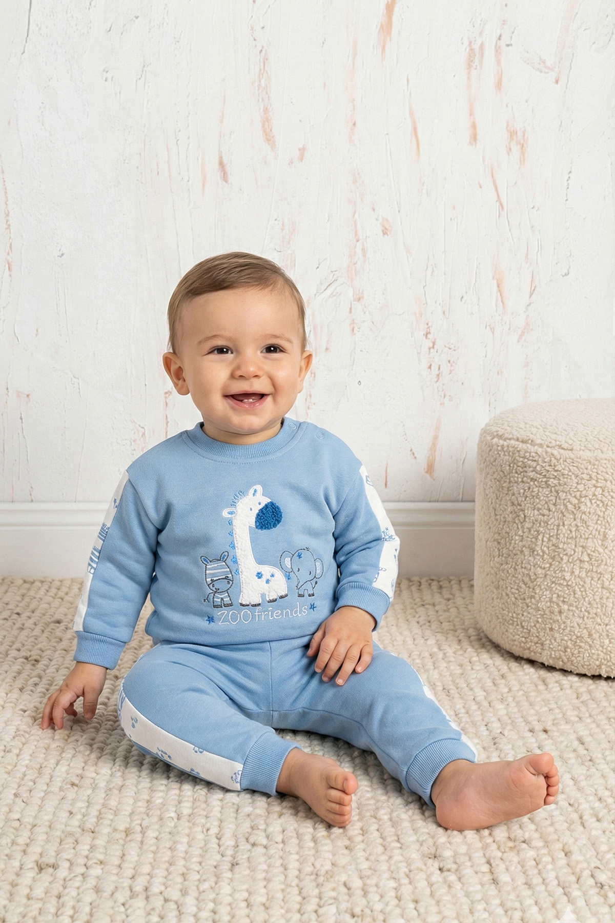 Rocha Bebek ZOO Friends Nakışlı 2'li Takım - Şerit Detaylı Pamuklu Sweatshirt ve Alt Set