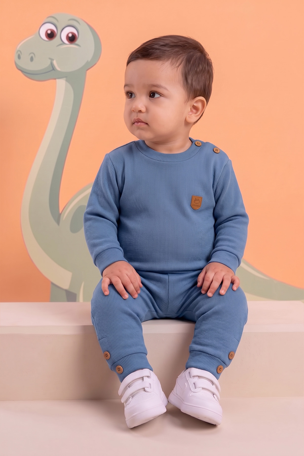 Rocha Bebek Kiremit Fitilli Düğme Detaylı 2'li Takım - Pamuklu Mevsimlik Sweatshirt ve Pantolon Seti