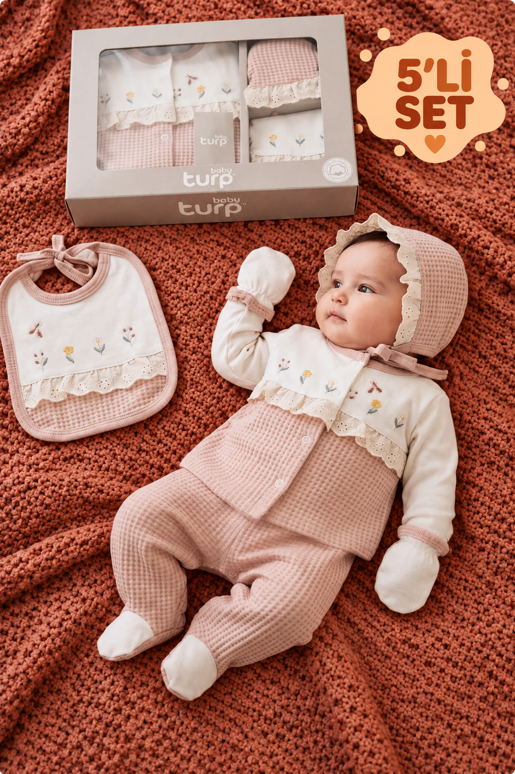 Baby Turp Waffle Dokulu Çiçek Nakışlı Güpür Detaylı Kutulu 5'li Kız Yenidoğan Hastane Çıkışı Seti