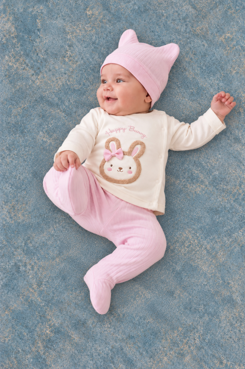 Rocha Bebek Happy Bunny Nakışlı 3'lü Takım - Patikli Pantolon ve Kulaklı Şapka Seti
