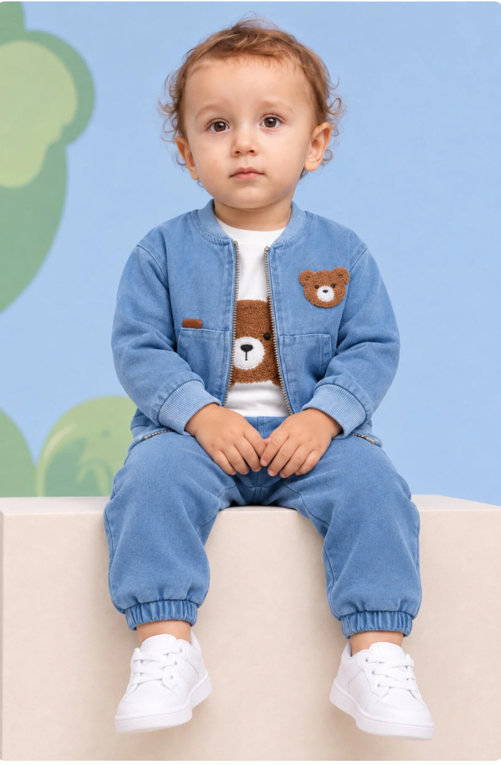 Rocha Erkek Bebek Mavi Denim Görünümlü Ayıcık Nakışlı 3’lü Takım - Pamuklu Ceketli Kombin Set