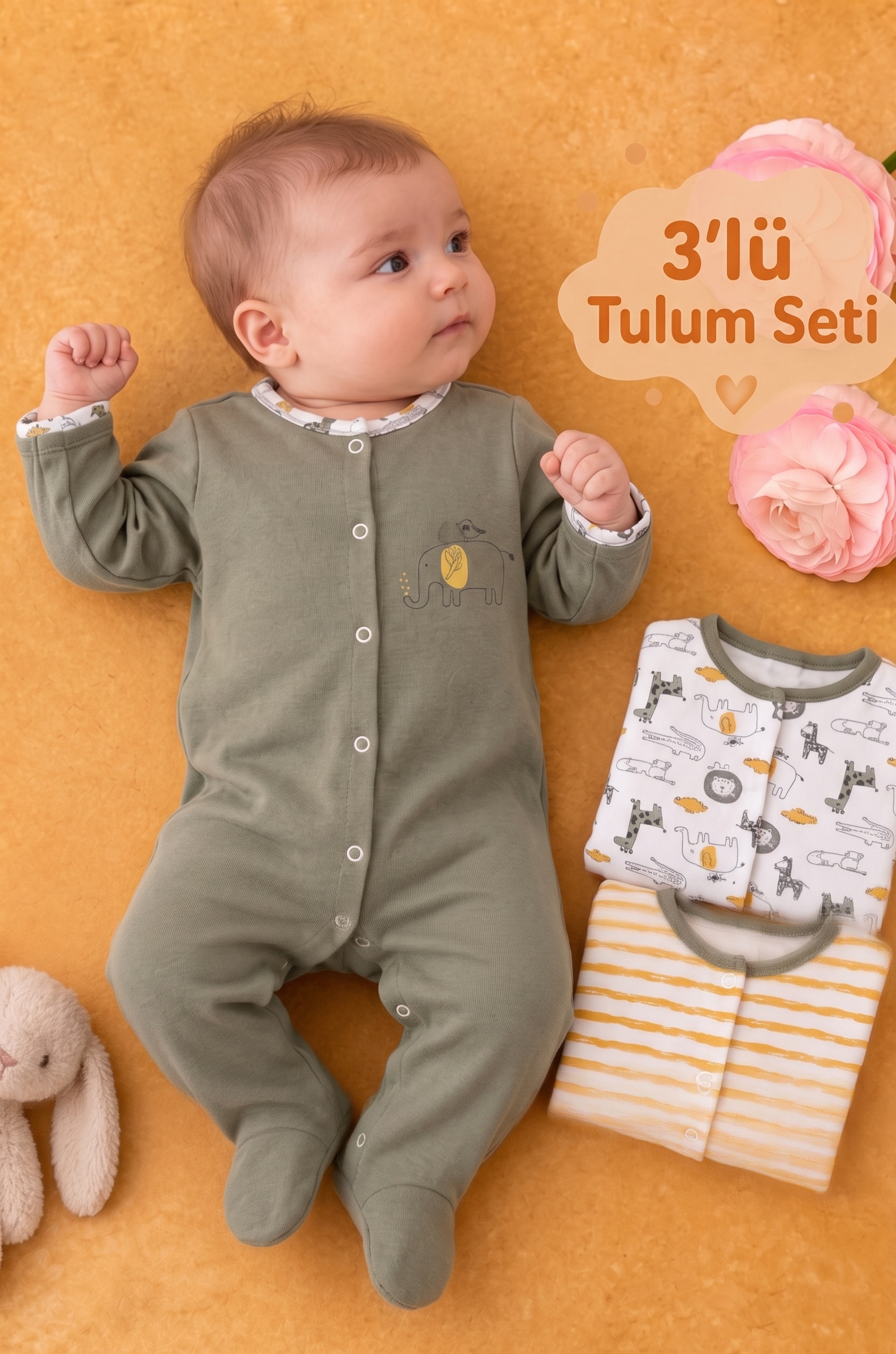 Bebek 3’lü Pamuklu Tulum Seti - Desenli Uyku ve Oyun Tulumu