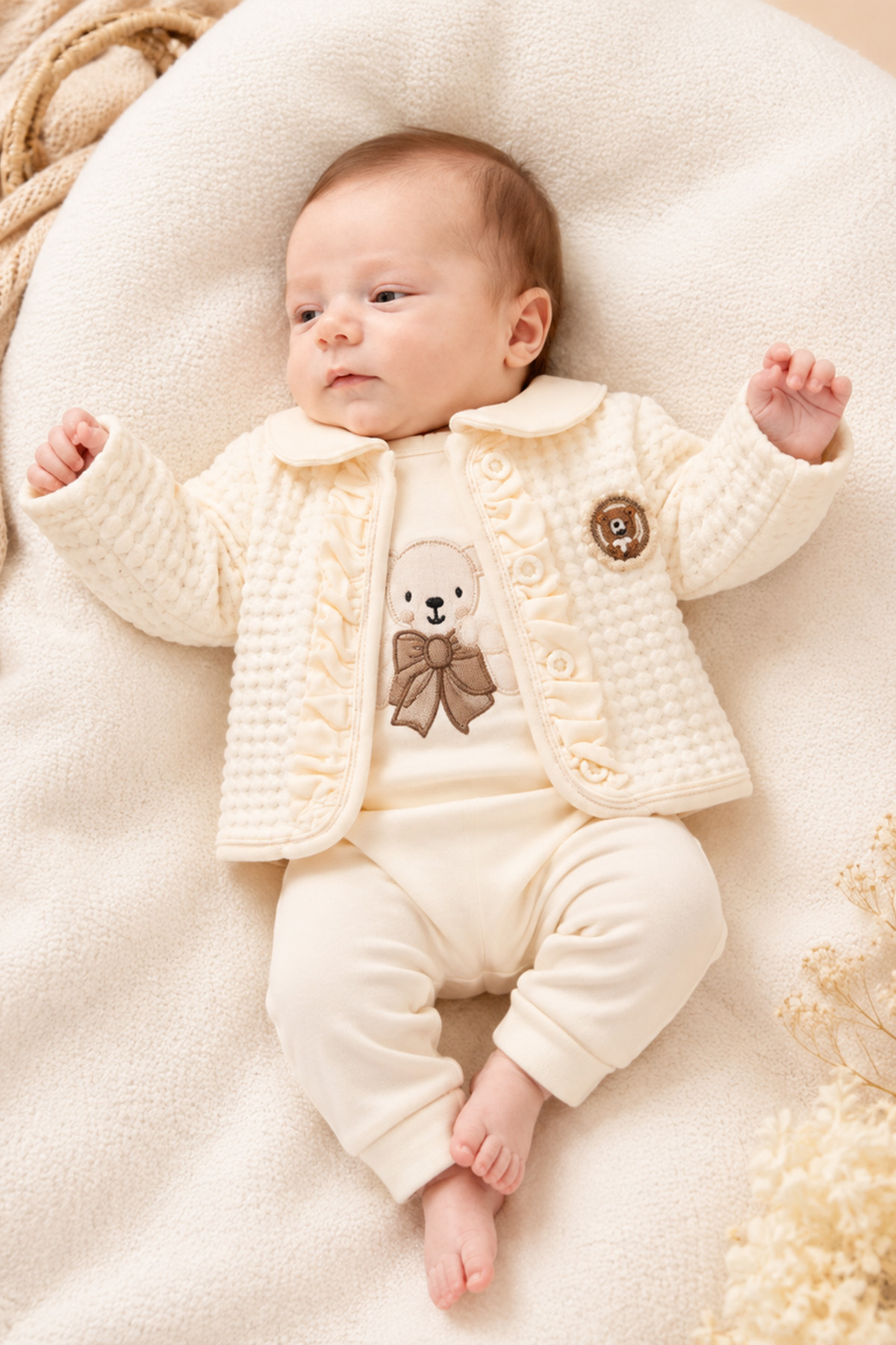 Rocha Bebek Krem Kabartma Kapitona 3’lü Takım - Ayıcık Nakışlı ve Çiçek Düğmeli Fırfırlı Ceketli Set