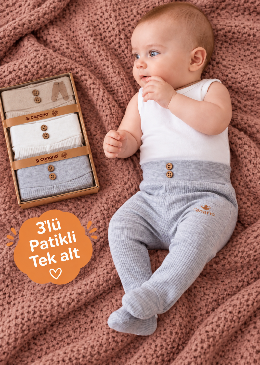 Rocha Baby Bebek Fitilli Pamuklu Yüksek Bel Patikli Alt Pantolon 3'Lü Kutulu Ahşap Düğmeli
