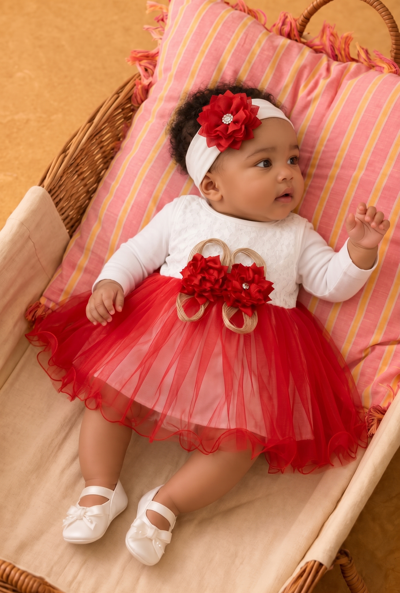 Rocha Kız Bebek Kırmızı Uzun Kollu Çiçekli Mevlüt Takımı - 4'lü Pamuklu Set (Badi & Patikli)