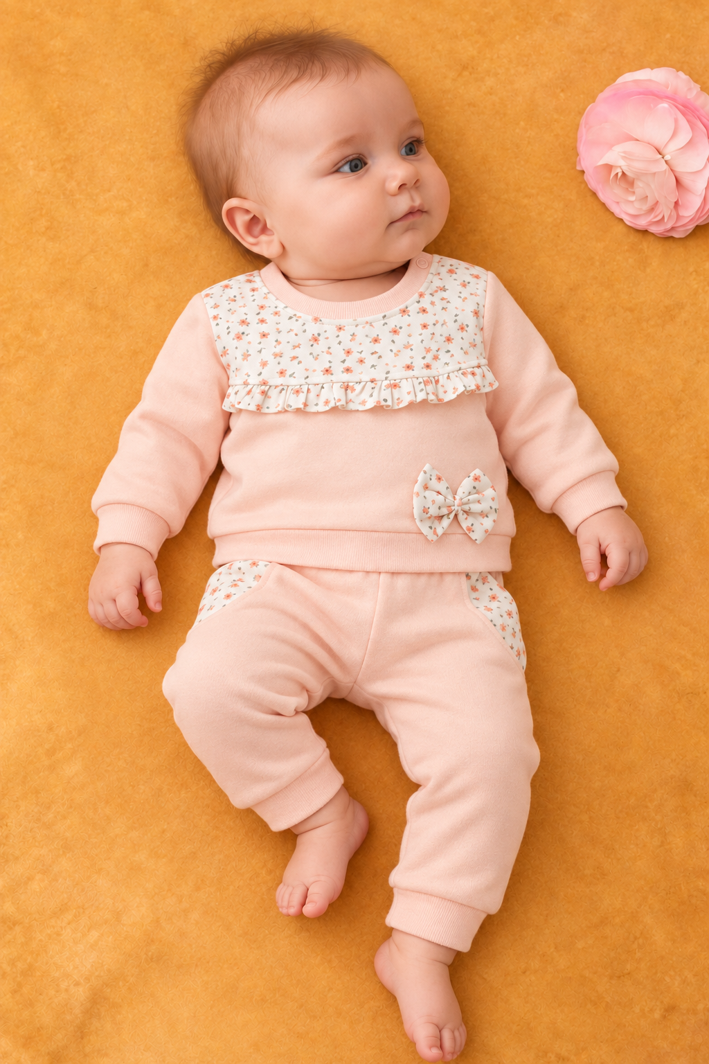 Rocha Kız Bebek Çiçek Desenli Fırfırlı 2'li Takım - Fiyonk Detaylı Pamuklu Sweatshirt Seti