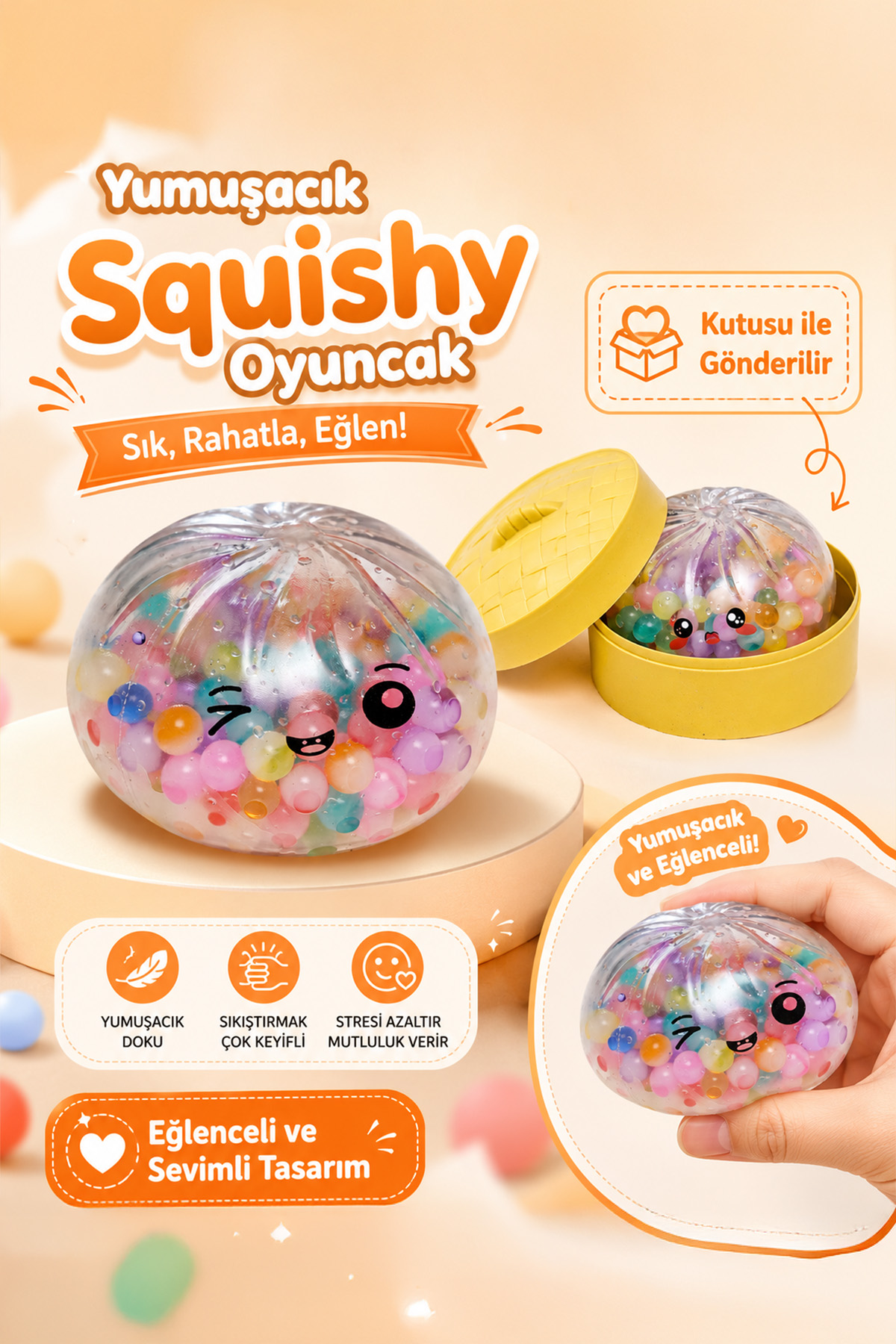 Kutulu Renkli Boncuklu Squishy Çin Mantısı  Oyuncak – Yumuşak Sıkma Oyuncağı Sevimli Tasarım