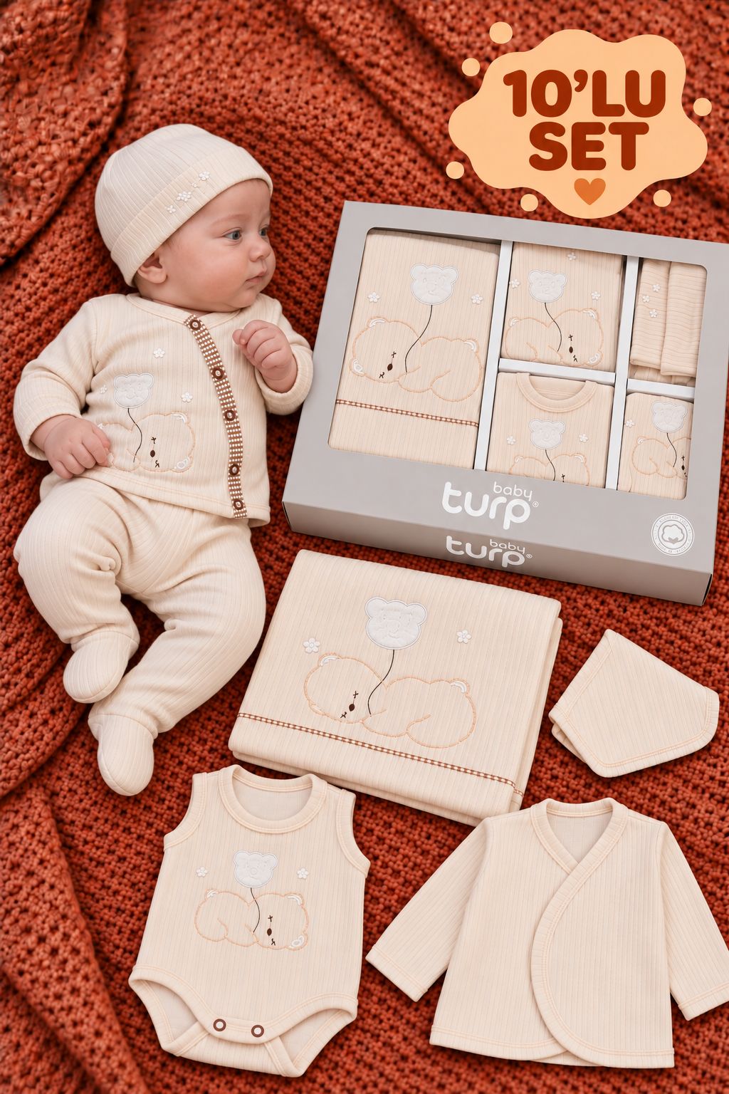 Unisex Ekru 10'lu Fitilli Ayıcık Nakışlı Özel Kutulu Hastane Çıkışı Seti