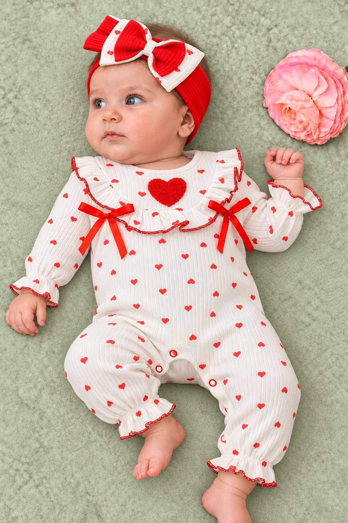 Rocha Baby Kız Bebek Kırmızı Kalp Desenli Fırfır Detaylı Saç Bantlı Tulum Takımı