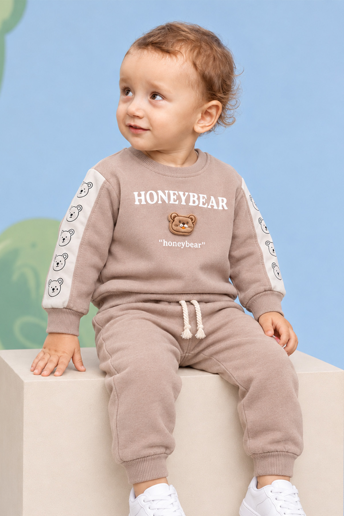 Rocha Erkek Bebek Gül Kurusu Honeybear Ayıcık Figürlü 2'li Takım Yanı Şeritli Mevsimlik Pamuklu Set