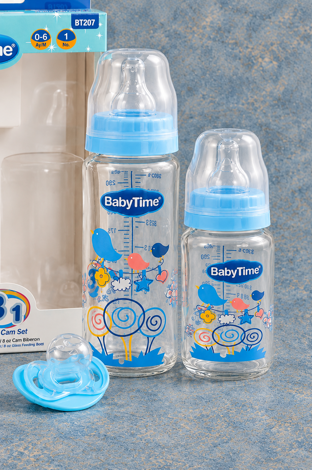 3’lü Kutulu Cam Biberon Seti 250 ml + 125 ml + Emzik 0-6 Ay