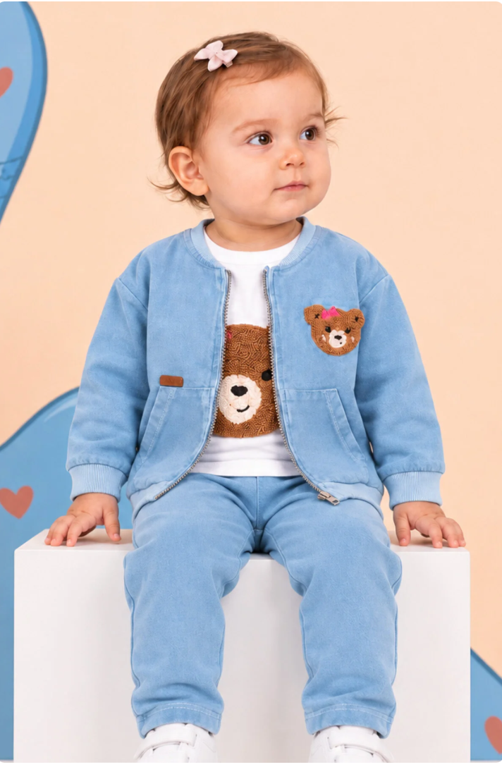 Rocha Kız Bebek Denim Görünümlü Fiyonklu Ayıcık Nakışlı 3’lü Takım - Pamuklu Ceketli Kombin Set