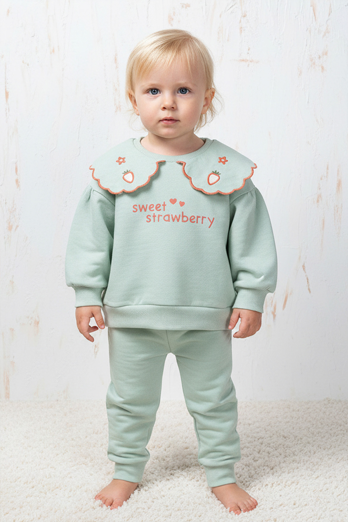 Rocha Kız Bebek Su Yeşili Çilek Nakışlı Bebe Yakalı 2'li Takım - Sweet Strawberry Pamuklu Set