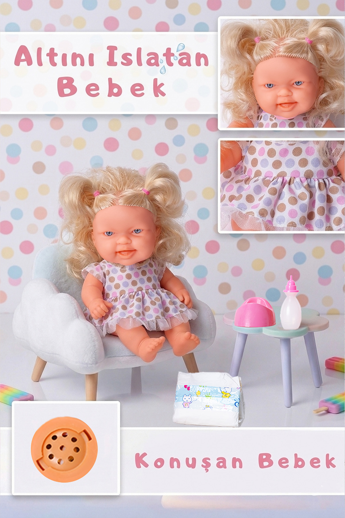 Altını Islatan, Su İçen Ve Konuşan Oyuncak Bebek Seti - Tuvalet, Bez Ve Biberonlu 26 Cm
