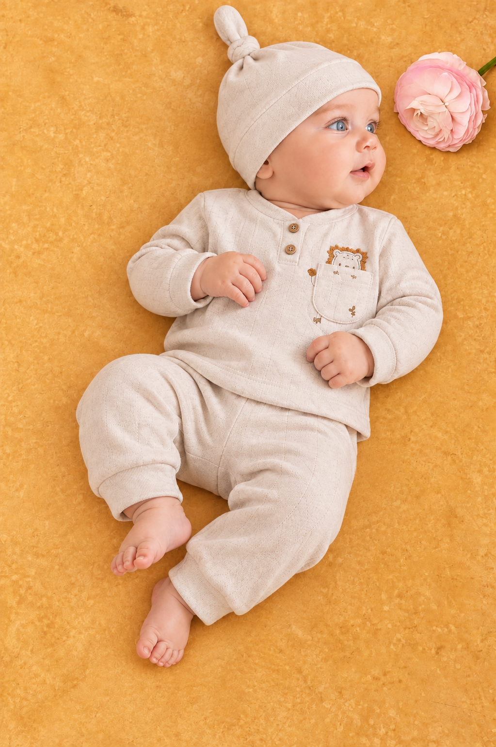 Rocha Bebek Aslan Nakışlı Cepli 3'lü Takım - Baklava Desenli Pamuklu Bebek Seti