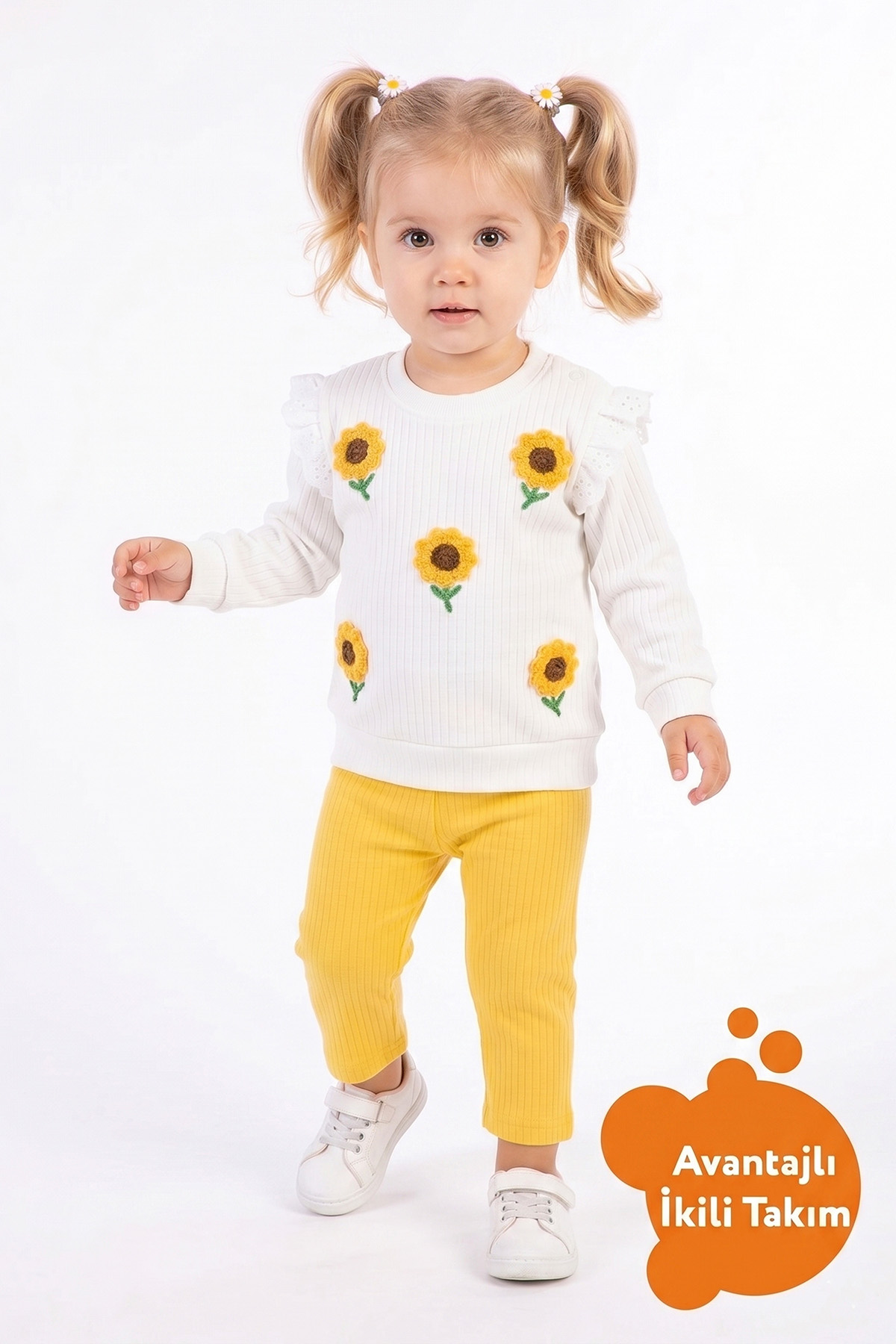 Rocha Baby Kız Bebek Ayçiçeği Nakışlı Fırfırlı Fitilli 2'Li Takım