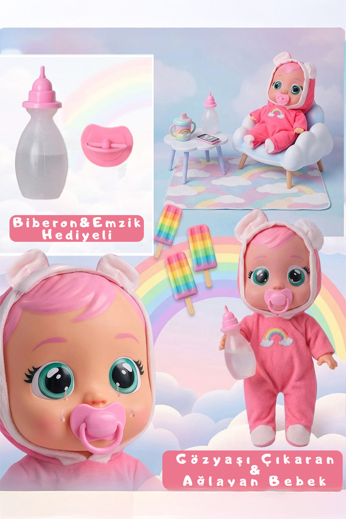 Sweet Baby Gerçek Gözyaşı Döken Konuşan Oyuncak Bebek - Biberon Ve Emzik Hediyeli 25 Cm Pembe